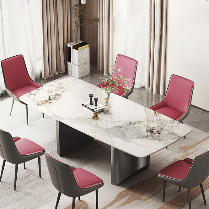 Rectangle Double Pedestal Table Modern Stone Top Black Base Dining Site Table