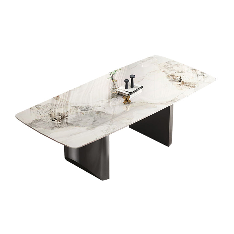 Rectangle Double Pedestal Table Modern Stone Top Black Base Dining Site Table