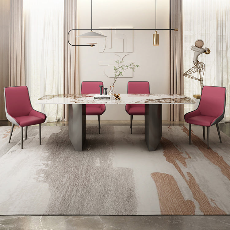 Rectangle Double Pedestal Table Modern Stone Top Black Base Dining Site Table