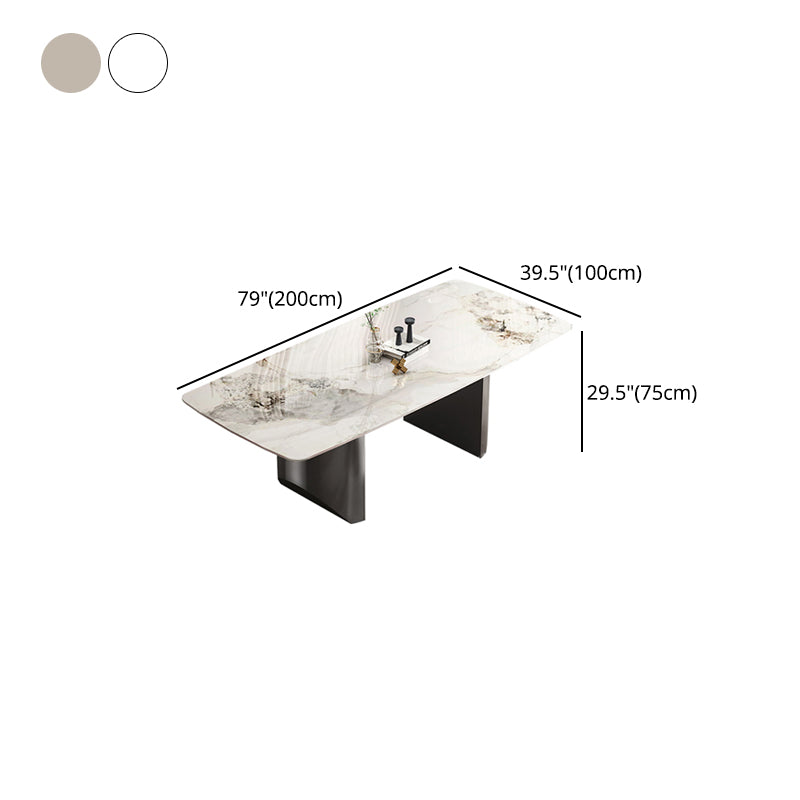 Rectangle Double Pedestal Table Modern Stone Top Black Base Dining Site Table
