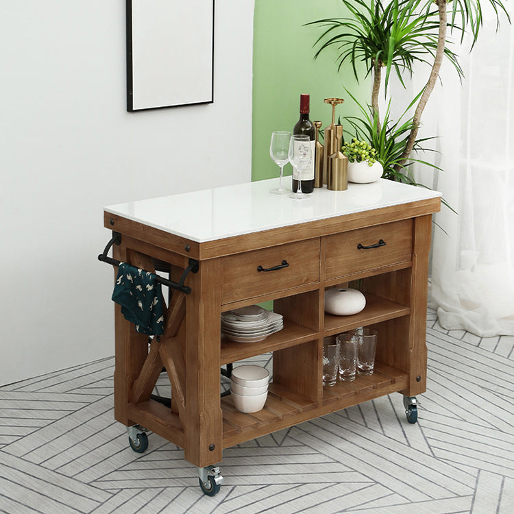 Industrial Stationary Kitchen Cart Wood Rectangular Kitchen Island Cart