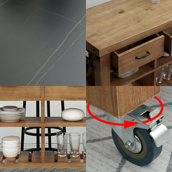 Industrial Stationary Kitchen Cart Wood Rectangular Kitchen Island Cart