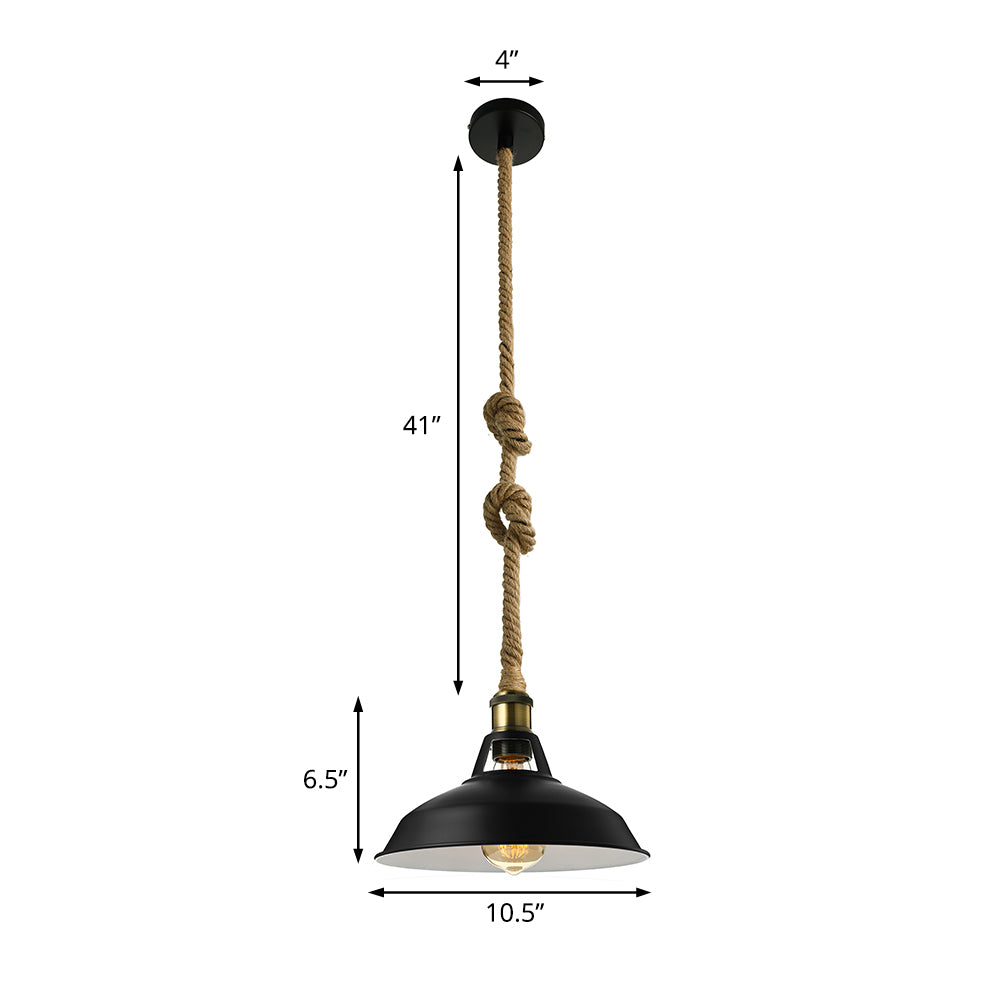 Barn Shade Living Room Pendant Lamp Industrial Style Metal 1 Light Black/White Ceiling Light Fixture with Hanging Rope