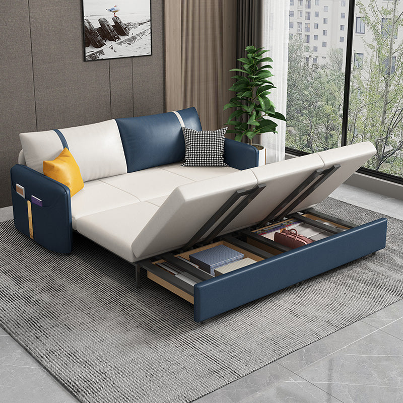 Square Arm Contemporary Convertible Faux Leather Couch Bed with 2 Pillows