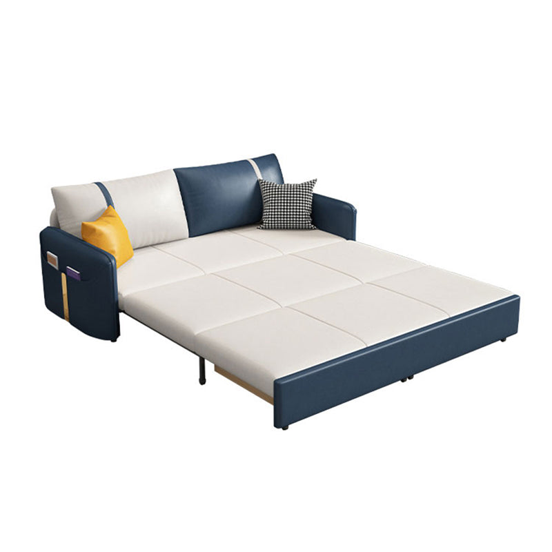 Square Arm Contemporary Convertible Faux Leather Couch Bed with 2 Pillows