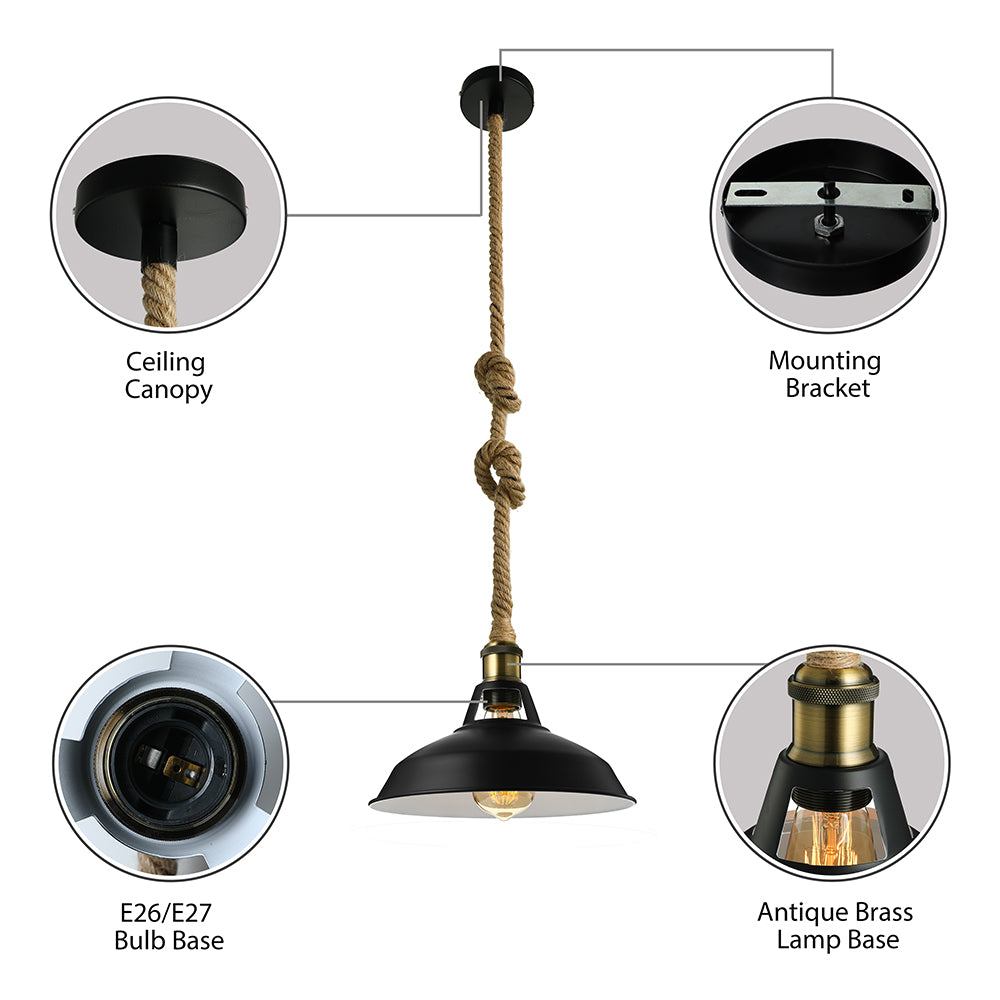 Barn Shade Living Room Pendant Lamp Industrial Style Metal 1 Light Black/White Ceiling Light Fixture with Hanging Rope