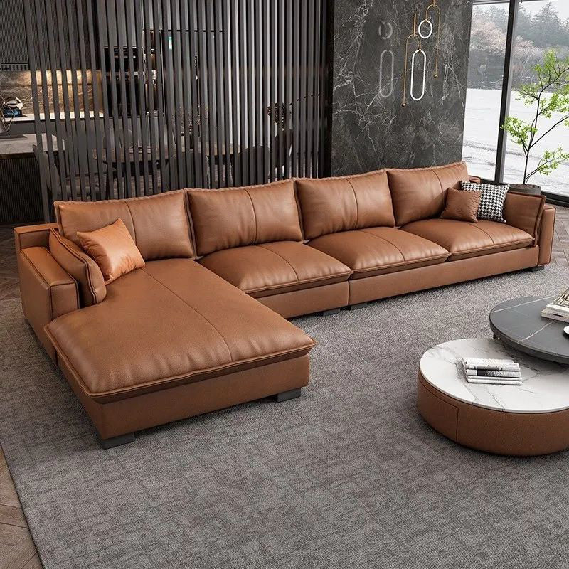 Faux Leather Contemporary Style Square Arm Sectional with Pillows