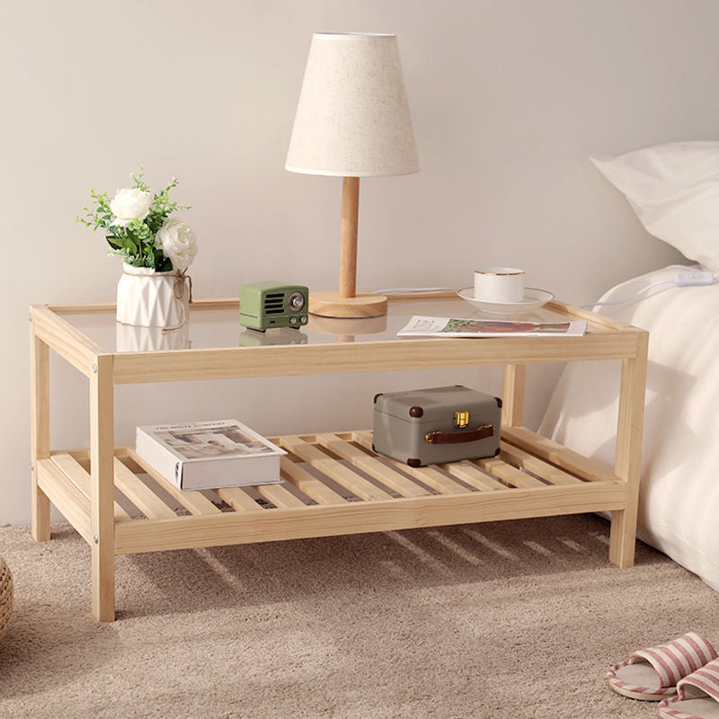 Modern Wooden Frame Coffe Table with Glass Top and Storage Shelf