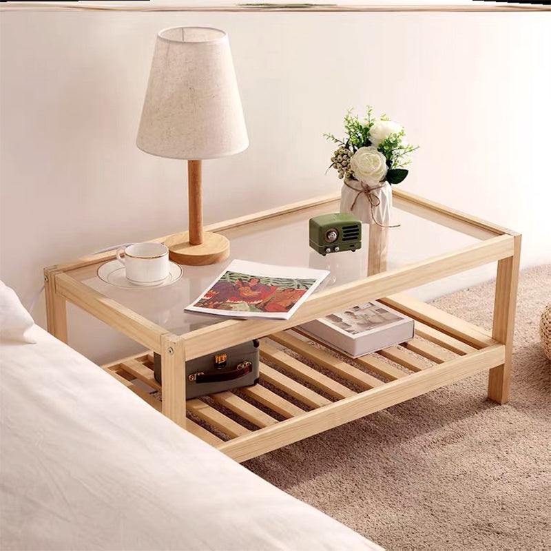 Modern Wooden Frame Coffe Table with Glass Top and Storage Shelf