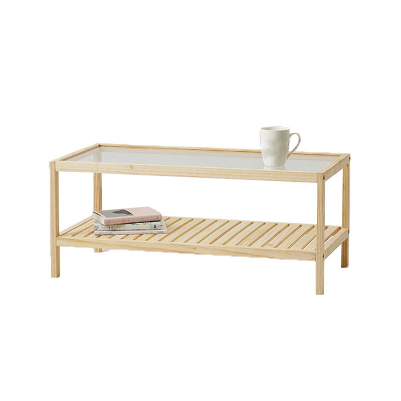 Modern Wooden Frame Coffe Table with Glass Top and Storage Shelf