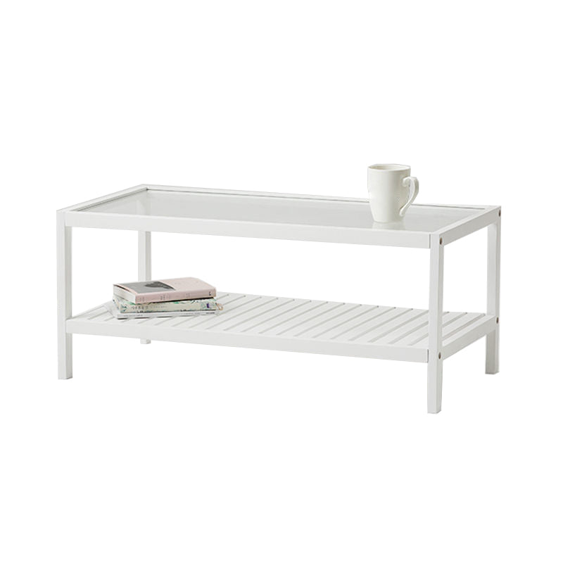 Modern Wooden Frame Coffe Table with Glass Top and Storage Shelf