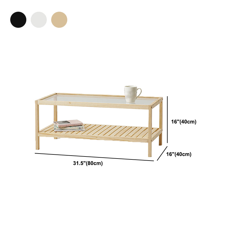 Modern Wooden Frame Coffe Table with Glass Top and Storage Shelf