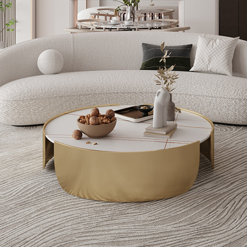 Glam Stone Top Coffee Table with Steel Drum Base Round Cocktail Table