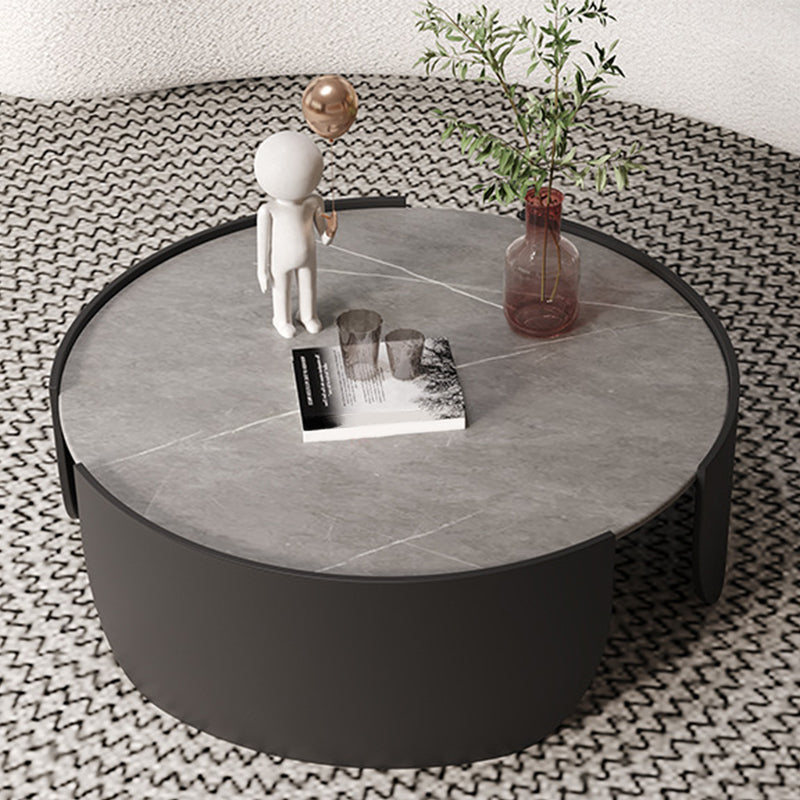 Glam Stone Top Coffee Table with Steel Drum Base Round Cocktail Table