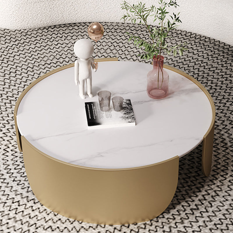 Glam Stone Top Coffee Table with Steel Drum Base Round Cocktail Table