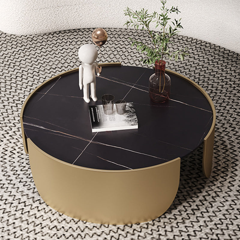 Glam Stone Top Coffee Table with Steel Drum Base Round Cocktail Table
