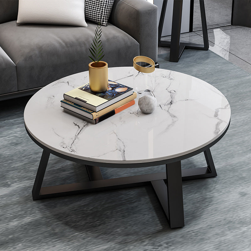 Glam Style Round Coffee Table with Iron Cross Base and White Top