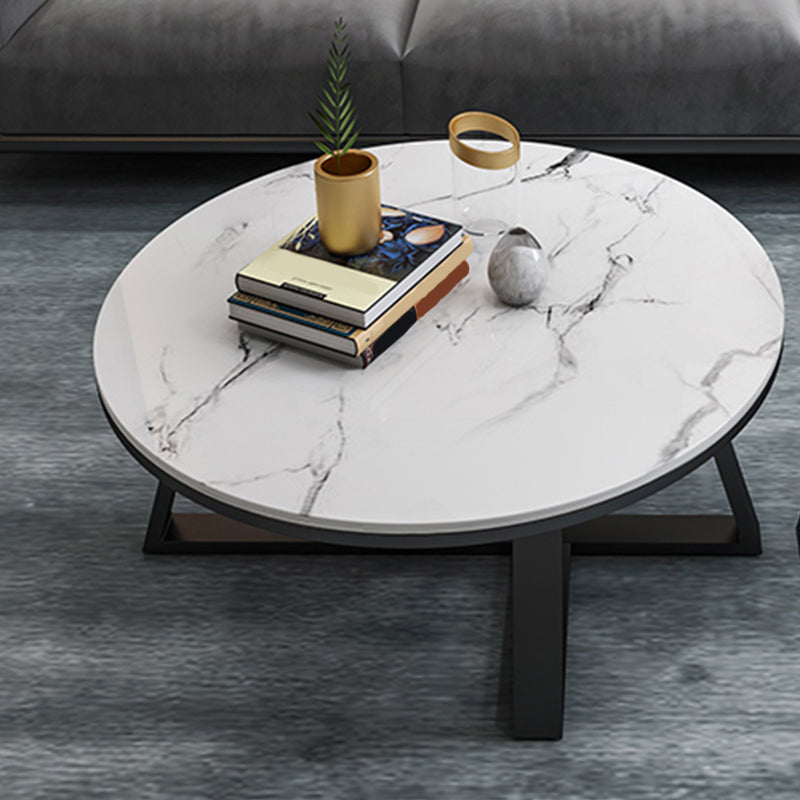 Glam Style Round Coffee Table with Iron Cross Base and White Top