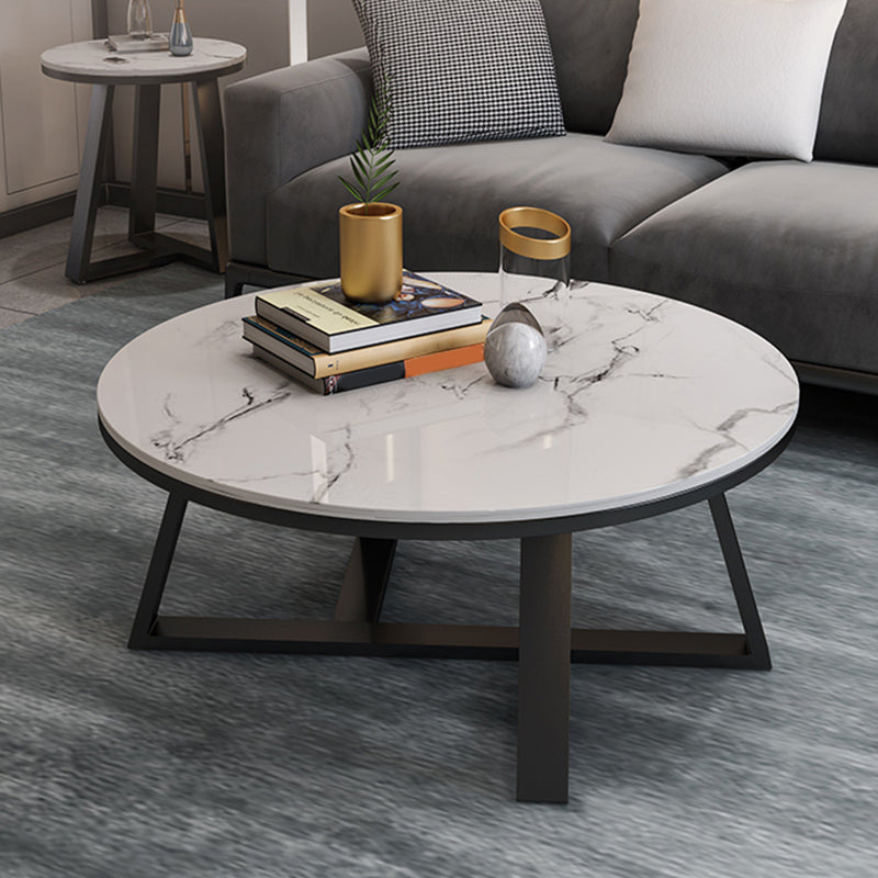 Glam Style Round Coffee Table with Iron Cross Base and White Top