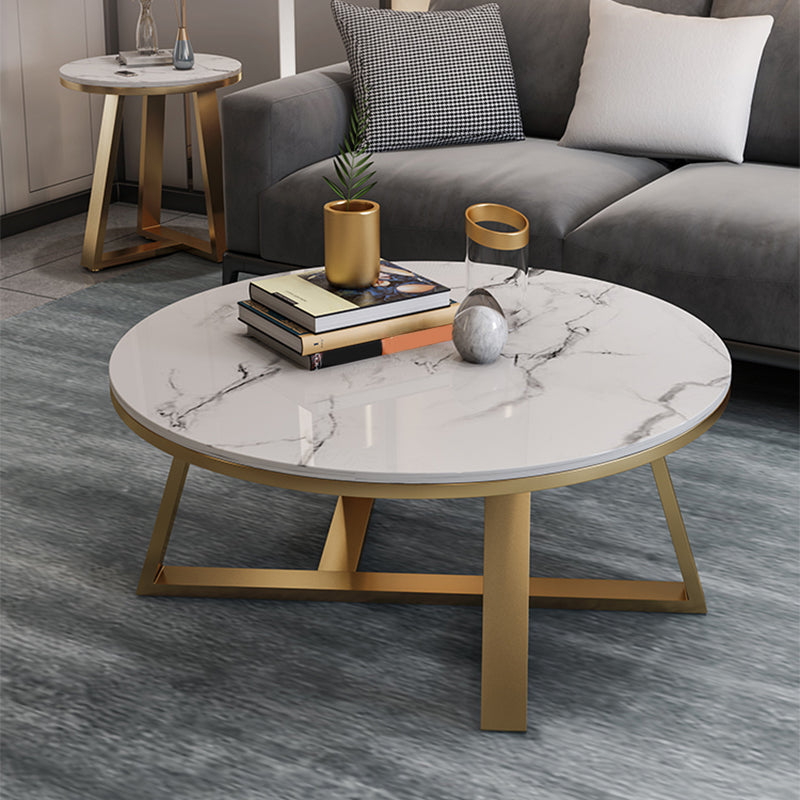 Glam Style Round Coffee Table with Iron Cross Base and White Top