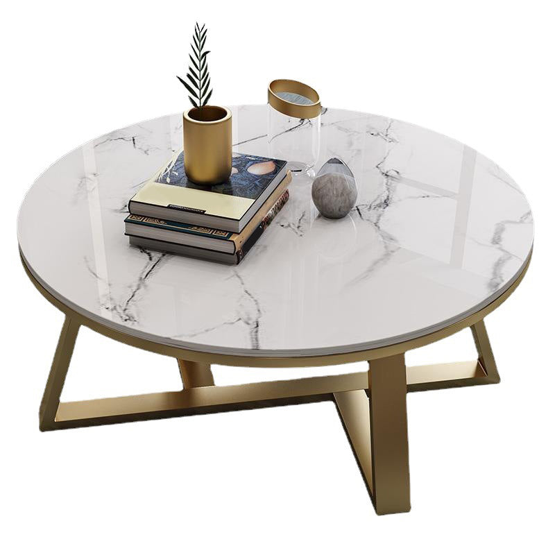 Glam Style Round Coffee Table with Iron Cross Base and White Top