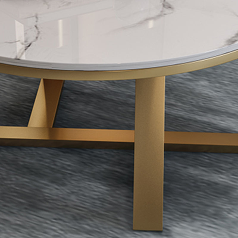 Glam Style Round Coffee Table with Iron Cross Base and White Top