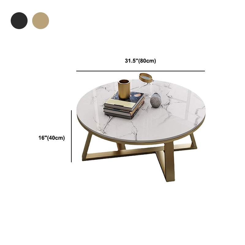 Glam Style Round Coffee Table with Iron Cross Base and White Top