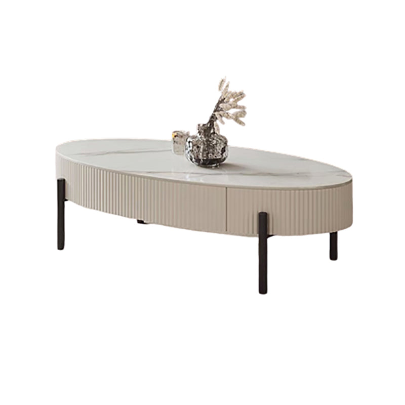 Glam Oval Stone Top Coffee Table with 4 Legs and 1 Storage Drawer