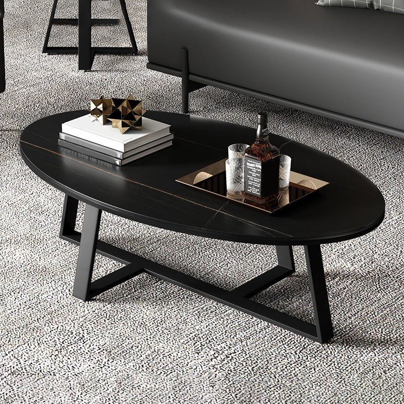 Glam Oval Top Coffee Table with Iron Cross Base and Stone Top