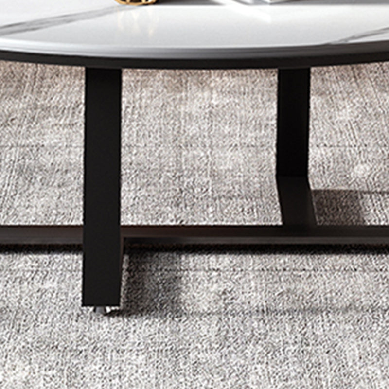 Glam Oval Top Coffee Table with Iron Cross Base and Stone Top