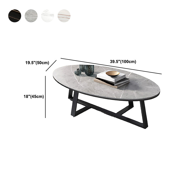 Glam Oval Top Coffee Table with Iron Cross Base and Stone Top