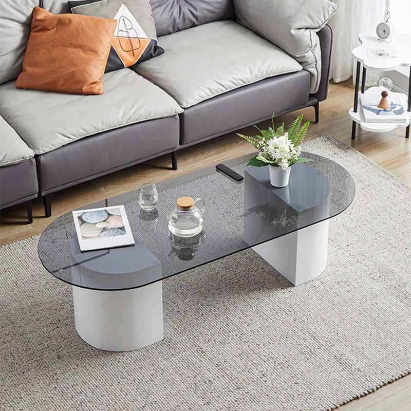 Modern Oval Glass Top Coffee Table with White Wooden Base Cocktail Table