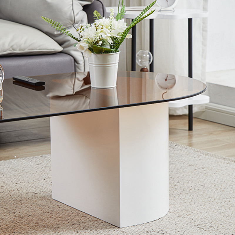 Modern Oval Glass Top Coffee Table with White Wooden Base Cocktail Table