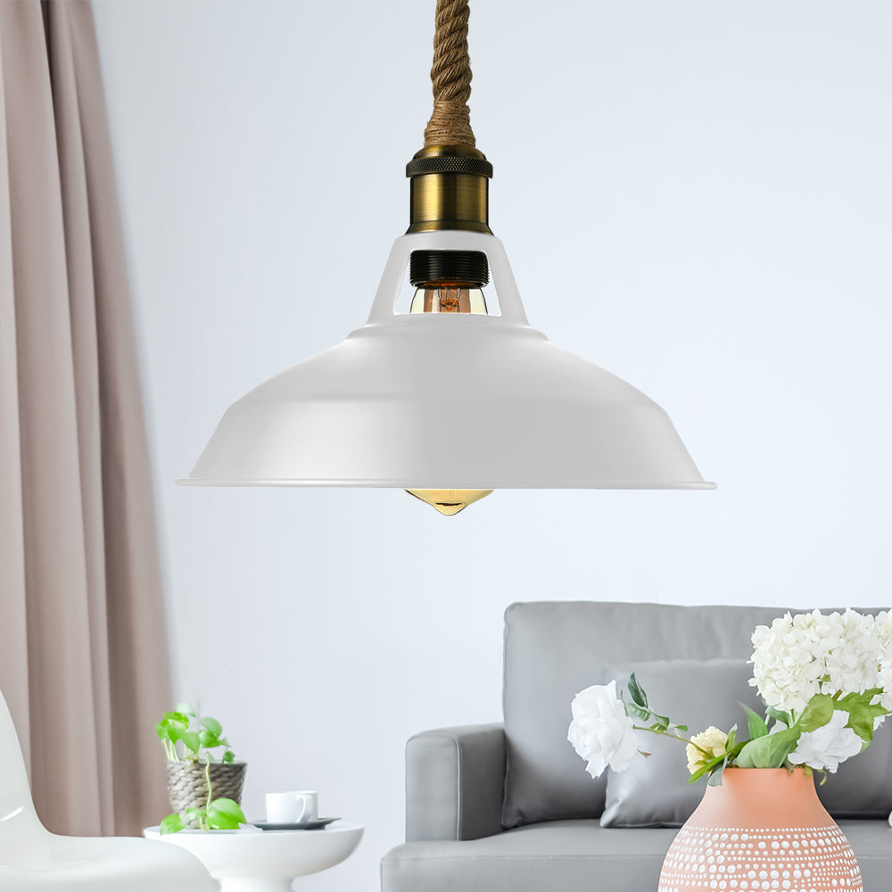 Barn Shade Living Room Pendant Lamp Industrial Style Metal 1 Light Black/White Ceiling Light Fixture with Hanging Rope