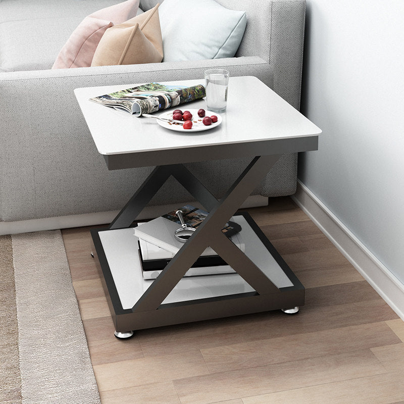 Modern Square End Table Double Tier Tempered Glass Sofa Side Table