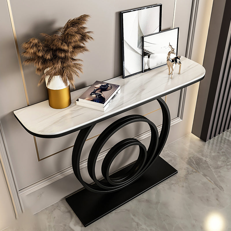 Glam Half Moon Slate and Metal Abstract Console Table for Hall