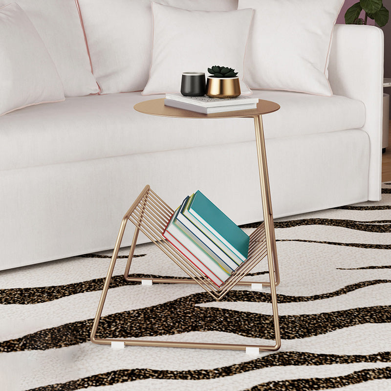 Mid-Century Metal Round Top Side Table Abstract End Table with Magazine Rack