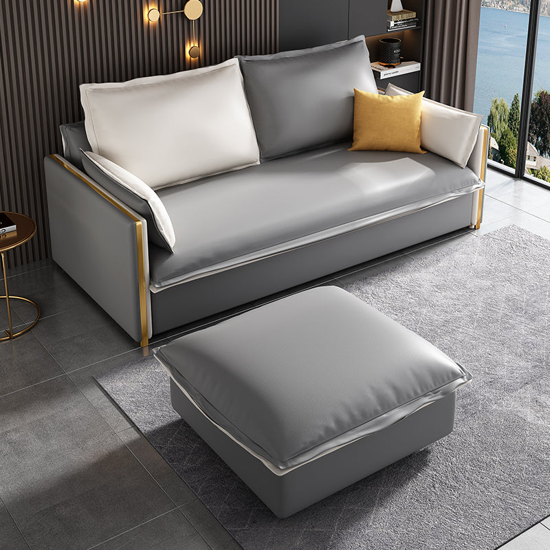 Modern Square Arm Faux Leather Sofa Bed with Pillows for Bedroom