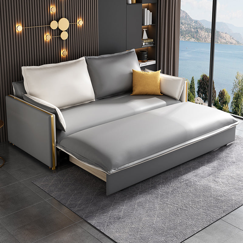 Modern Square Arm Faux Leather Sofa Bed with Pillows for Bedroom