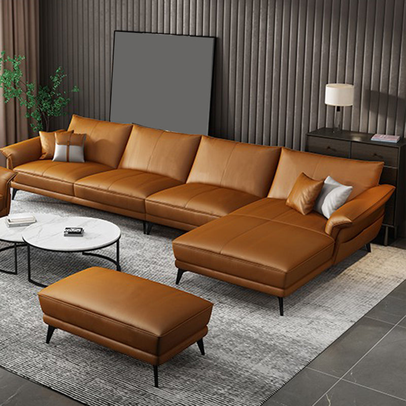 Scandinavian Orange Stain-Resistant Genuine Leather Sofa & Chaise