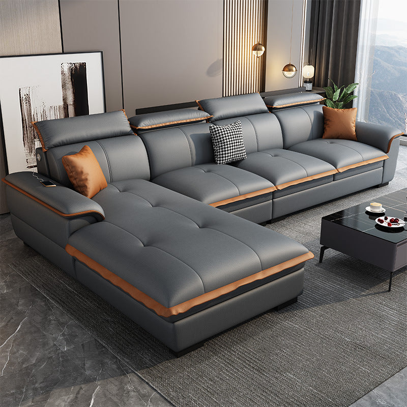 Tufted Pillow Top Arm Sectional Stain Resistant Sectional Gray Faux Leather