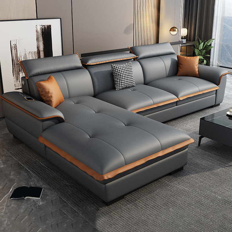 Tufted Pillow Top Arm Sectional Stain Resistant Sectional Gray Faux Leather
