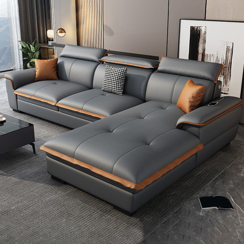 Tufted Pillow Top Arm Sectional Stain Resistant Sectional Gray Faux Leather