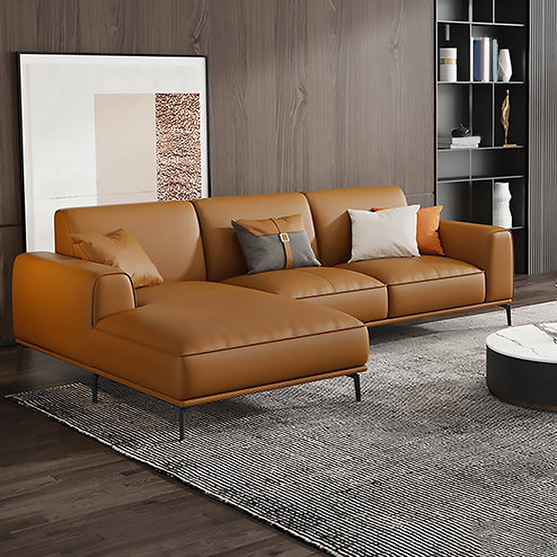 Tan Genuine Leather Sectional/Sofa Square Arm Sectional for Apartment