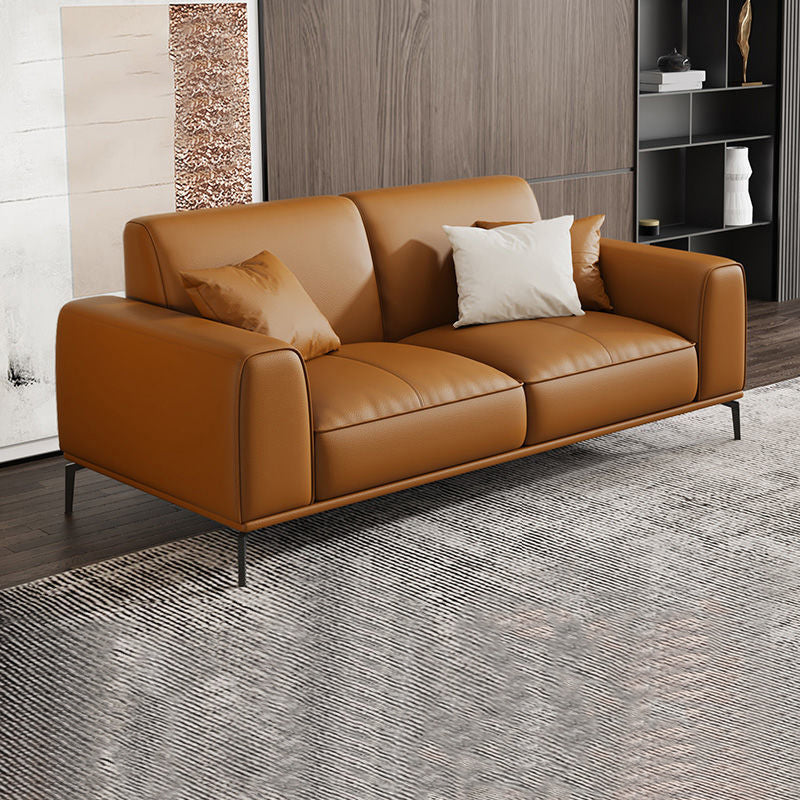 Tan Genuine Leather Sectional/Sofa Square Arm Sectional for Apartment
