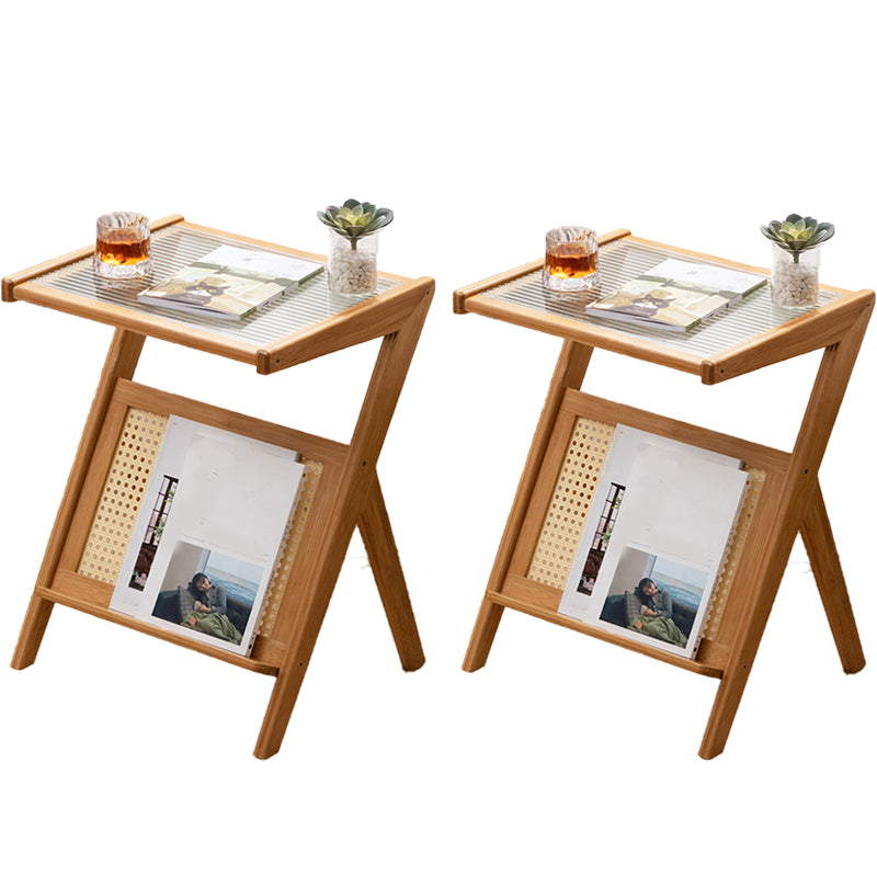 21.6" Tall Modern Rectangular Glass Top Side Table Wood Abstract End Table with Shelf