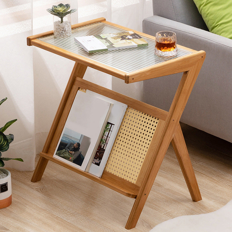 21.6" Tall Modern Rectangular Glass Top Side Table Wood Abstract End Table with Shelf