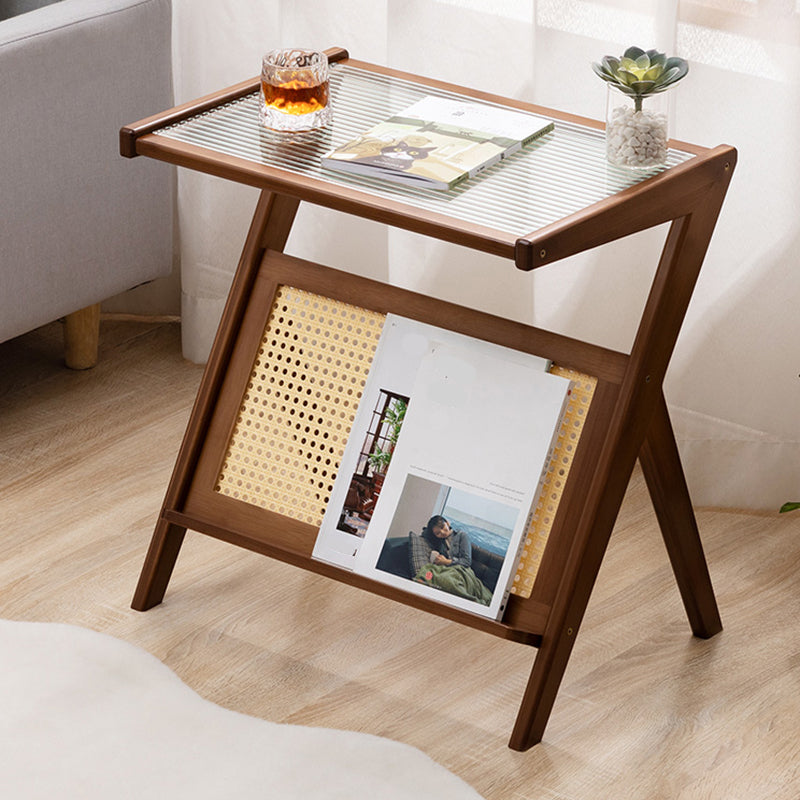 21.6" Tall Modern Rectangular Glass Top Side Table Wood Abstract End Table with Shelf