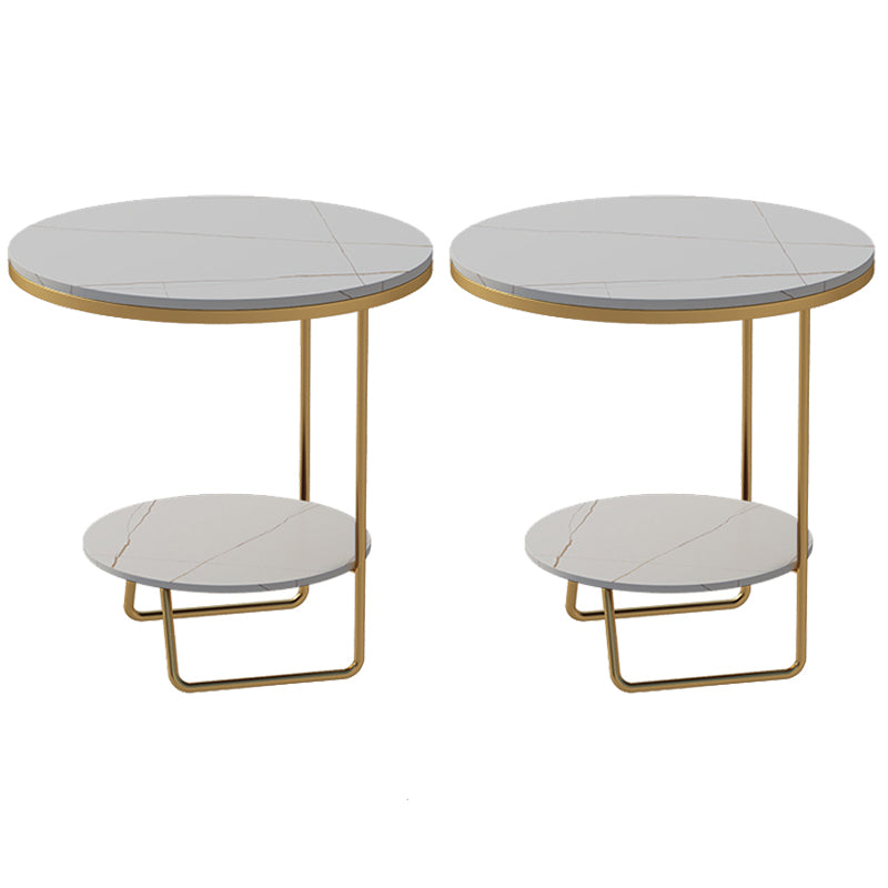 Round Glass & Stone Top Sofa Side Accent Table Frame Shelf Included End Table - Dia 19.69"