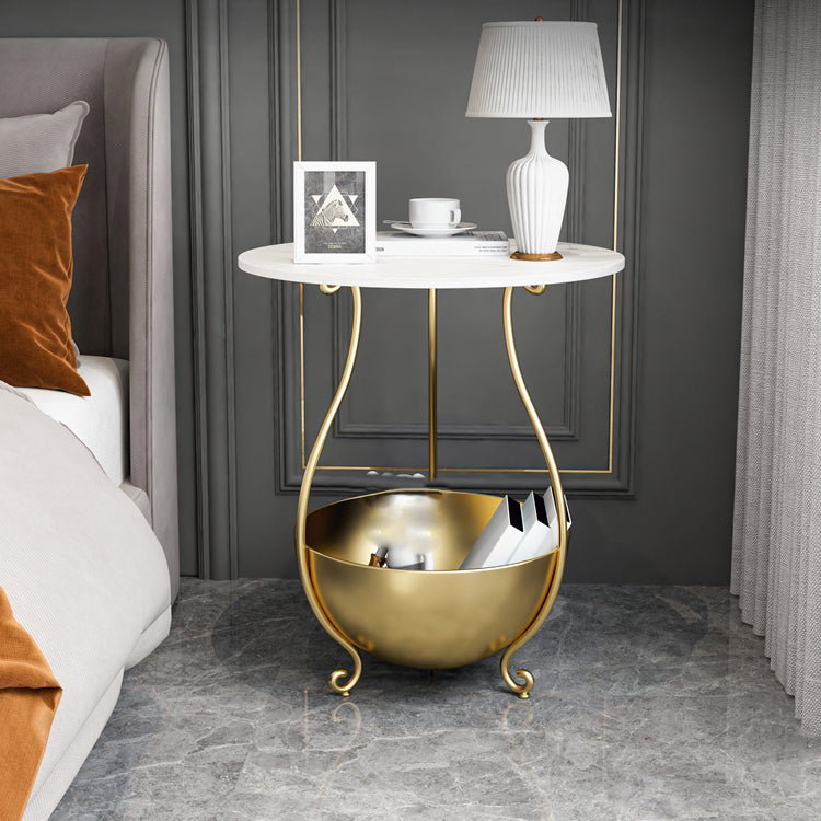 Metal Nightstand Contemporary Stone Top Night Table with Shelves